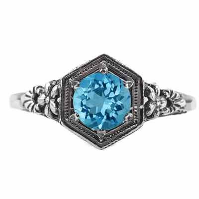 Vintage Floral Design Blue Topaz Ring in 14k White Gold -  - HGO-R079BTW