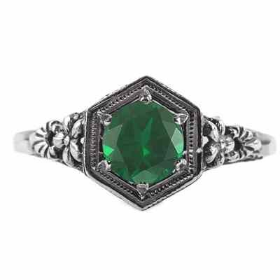 Vintage Floral Design Emerald Ring in 14k White Gold -  - HGO-R079EMW