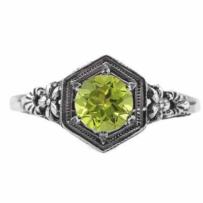 Vintage Floral Design Peridot Ring in 14k White Gold -  - HGO-R079PDW