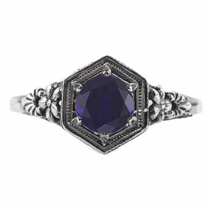 Vintage Floral Design Sapphire Ring in 14k White Gold -  - HGO-R079SPW