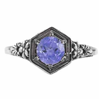 Vintage Floral Design Tanzanite Ring in Sterling Silver -  - HGO-R079TZSS