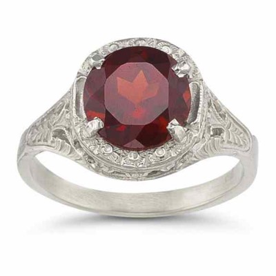 Vintage Floral Garnet Ring in 14K White Gold - - HGO-R122GTW Vintage Floral Garnet Ring in 14K White Gold - - HGO-R122GTW