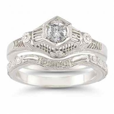 Vintage White Topaz Floral Ring Bridal Set in .925 Sterling Silver -  - HGO-R125WTWB20SS