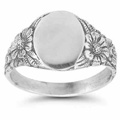 Vintage Flower Signet Ring in 14K White Gold -  - HGO-SR23