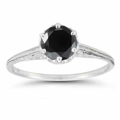Vintage Prong-Set Black Diamond Ring in Sterling Silver -  - HGO-R26BLKSS