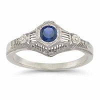Vintage Floral Sapphire Ring in 14K White Gold