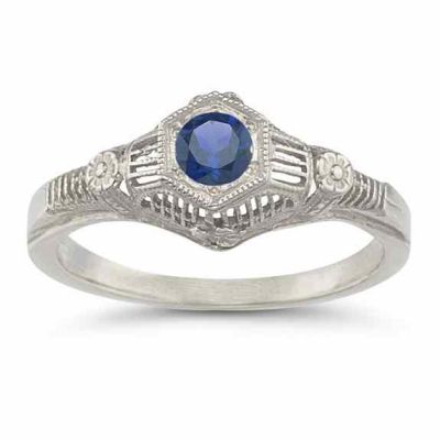 Vintage Floral Sapphire Ring in 14K White Gold -  - HGO-R125SPW