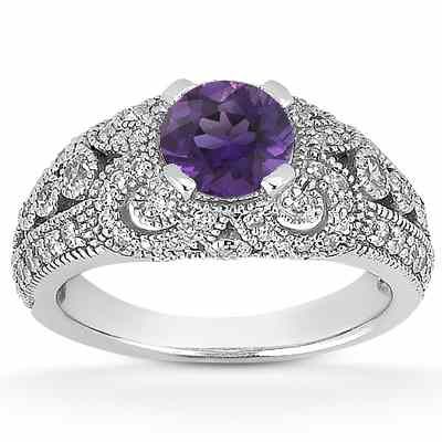 Vintage Style Amethyst and Diamond Ring, 14K White Gold -  - US-ENR8464AMW