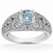 Vintage Style Aquamarine and Diamond Ring, 14K White Gold