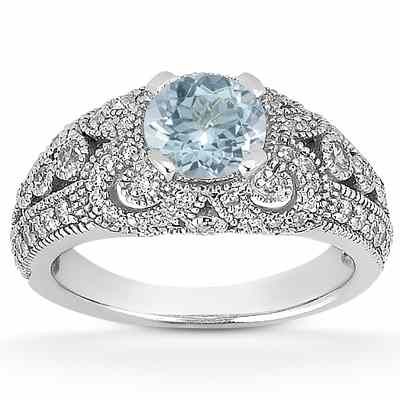 Vintage Style Aquamarine and Diamond Ring, 14K White Gold -  - US-ENR8464AQW