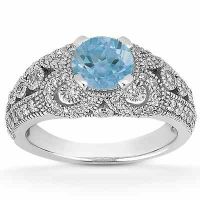 Vintage Style Blue Topaz and Diamond Ring, 14K White Gold