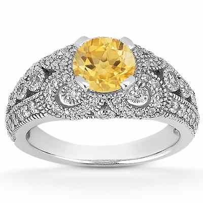 Vintage Style Citrine and Diamond Ring, 14K White Gold -  - US-ENR8464CTW