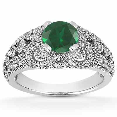 Vintage Style Emerald and Diamond Engagement Ring -  - US-ENR8464EMW