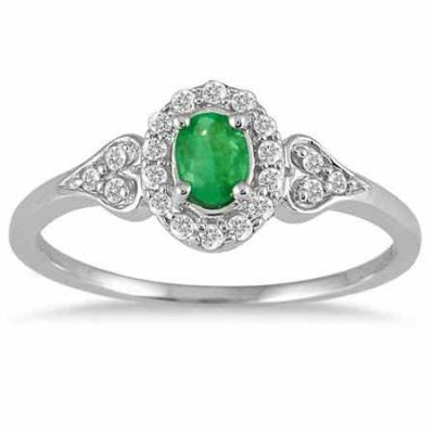 Vintage-Style Emerald and Diamond Ring, 10K White Gold -  - PRR12317EM