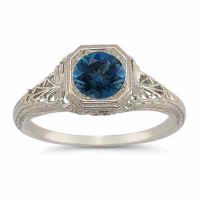 Vintage-Style Filigree London Blue Topaz Ring in 14K White Gold
