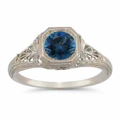 Vintage-Style Filigree London Blue Topaz Ring in 14K White Gold -  - HGO-R93LBT