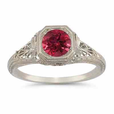 Vintage-Style Filigree Ruby Ring in 14K White Gold -  - HGO-R93RB