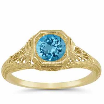 Vintage Style Filigree Swiss Blue Topaz Ring in 14K Yellow Gold -  - HGO-R93BTY