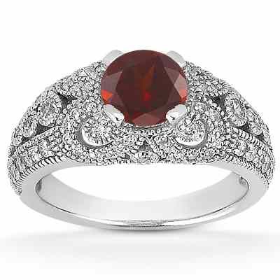 Vintage Style Garnet and Diamond Ring, 14K White Gold -  - US-ENR8464GTW