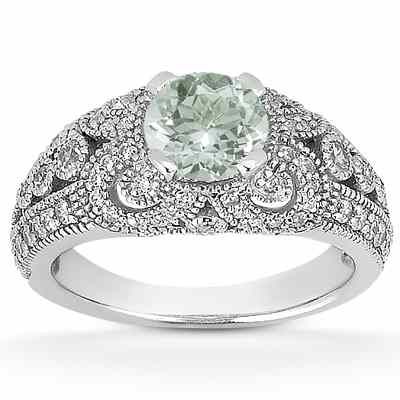 Vintage Style Green Amethyst and Diamond Ring, 14K White Gold -  - US-ENR8464GAW
