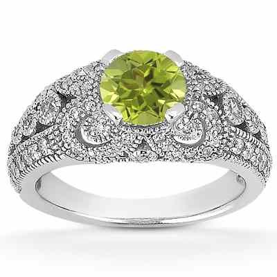 Vintage Style Peridot and Diamond Ring, 14K White Gold -  - US-ENR8464PDW