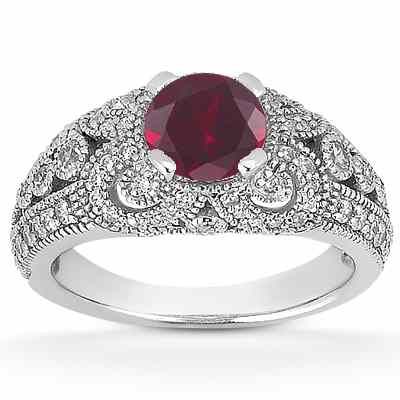 Vintage Style Ruby and Diamond Engagement Ring -  - US-ENR8464RBW