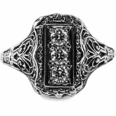 Vintage Style Three Stone Diamond Ring in 14K White Gold -  - HGO-R08714KW