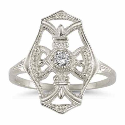 Vintage Diamond Cross Fleur-de-Lis Ring in 14K White Gold -  - HGO-R120W