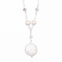 White Coin Cultured Freshwater Pearl and Crystal Necklace