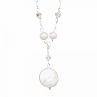 White Coin Cultured Freshwater Pearl and Crystal Necklace -  - MMA-32629