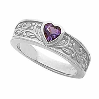 White Gold Bezel-Set Amethyst Floral Heart Ring -  - STLRG-71181AMW