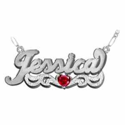 White Gold Personalized Name Necklace with Heart-Shaped Birthstone -  - JAPD-NP30544-W