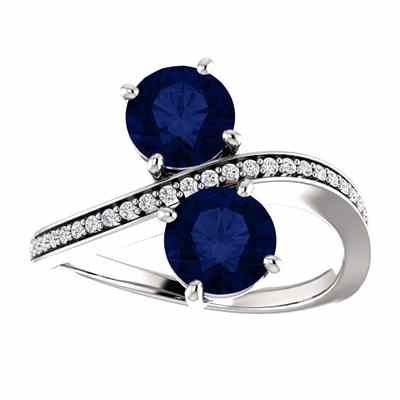 White Gold Sapphire and Diamond Two Stone Ring -  - STLRG-71779SPDW