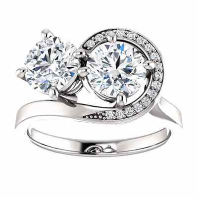 Two Stone Swirl Design Moissanite Engagement Ring in 14K White Gold -  - STLRG-71807MSDW