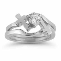White Topaz Cross Engagement and Wedding Ring Set in Sterling Silver