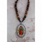Brazilian Wood Necklace w/ Metal Pendant, Guadalupe