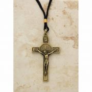 Brazilian Metal St. Benedict Necklace, Gold on Cord