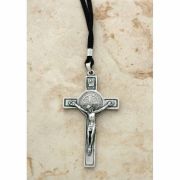 Brazilian Metal St. Benedict Necklace, Silver on Cord