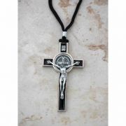 Brazilian Metal St. Benedict Necklace, Silver & Black, on Cord