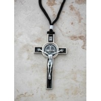 Brazilian Metal St. Benedict Necklace, Silver & Black, on Cord