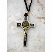Brazilian Metal St. Benedict Necklace, Gold & Black, on Cord