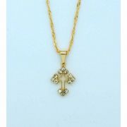 Brazilian Necklace, Gold Plated, Cut-Out Cross w/ Crystals, 20 in. Chain