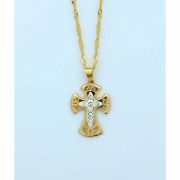 Brazilian Necklace, Gold & Silver Cross w/ Crystals, 1 in., 20 in. Chain