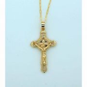 Brazilian Necklace, Gold Plated Crucifix w/ St. Benedict, 20 in. Chain