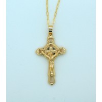Brazilian Necklace, Gold Plated Crucifix w/ St. Benedict, 20 in. Chain