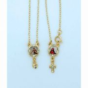 Brazilian Gold Plated Scapular, Color Pictures, Dangling Heart & Cross w/ Crystals