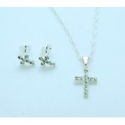 Brazilian Necklace, Small Silver Crystal Cross with Earrings, 20 in. Chain