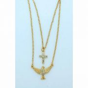 Brazilian Necklace, Gold Plated, Holy Spirit, Cross w/ Crystals, 20 in. Chain
