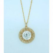Brazilian Necklace, Gold & Silver, St. Benedict w/ Crystals, 20 in. Chain