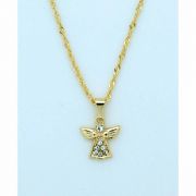 Brazilian Necklace, Gold Plated, Small Angel w/ Crystals, 20 in. Chain